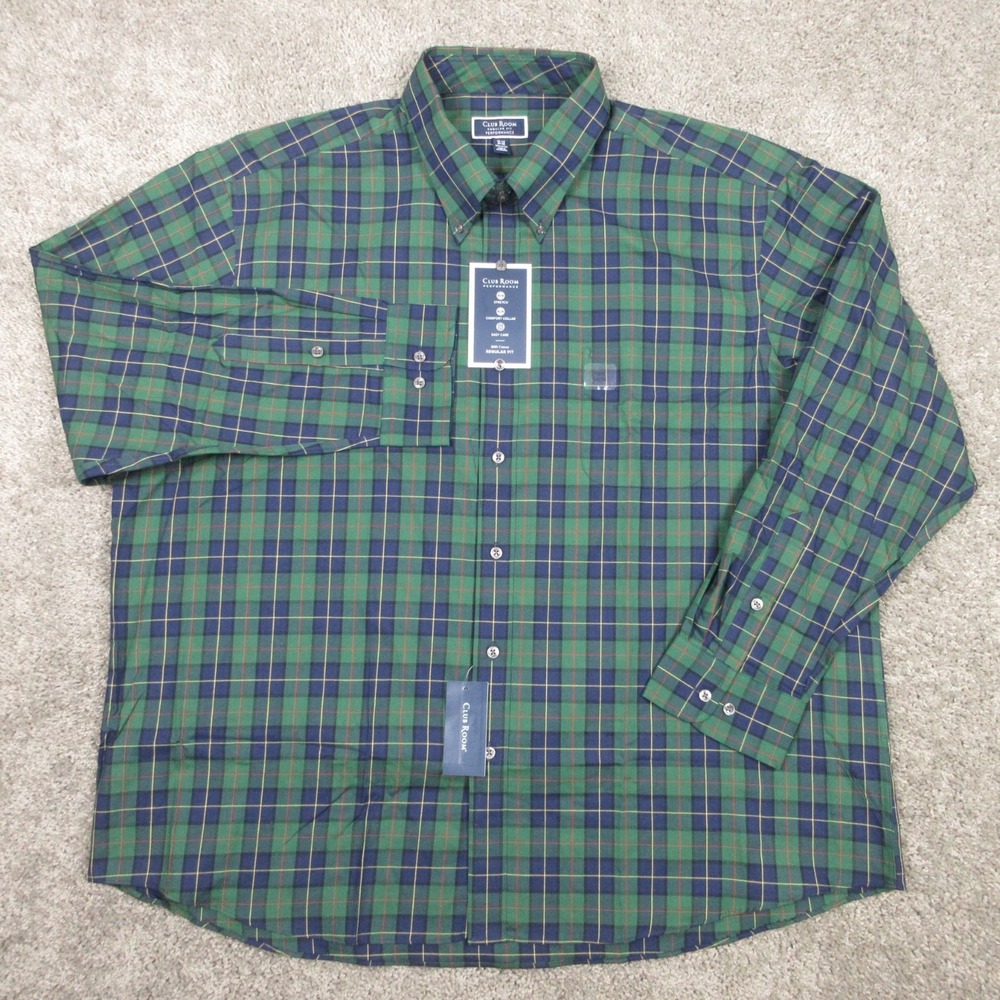 Club Room Shirt Mens 2XL 18,5 34/35 Green Plaid Performance Dress Button Up NEW